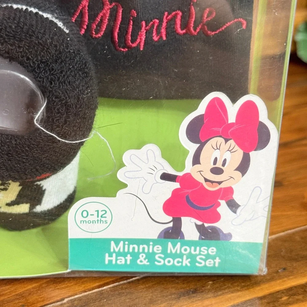 Disney Minnie Mouse Hat & Sock Set Baby 0-12M Black New Faux Fur Ears Bow